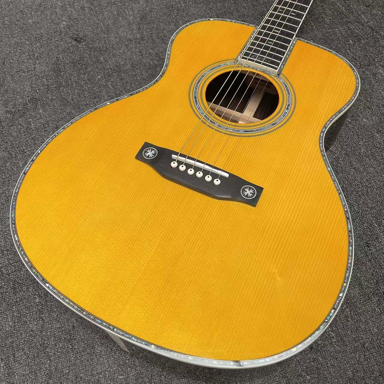 Custom OM Body Yellow Painting Acoustic Electric Guitar with SOLID ROSEWOOD Back Side