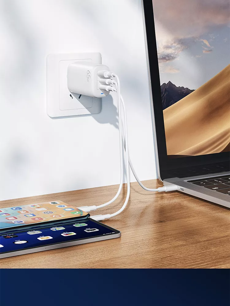 65W GaN 3 Ports USB Type-c Travel Adapter for High Speed Charging of Multiple Devices