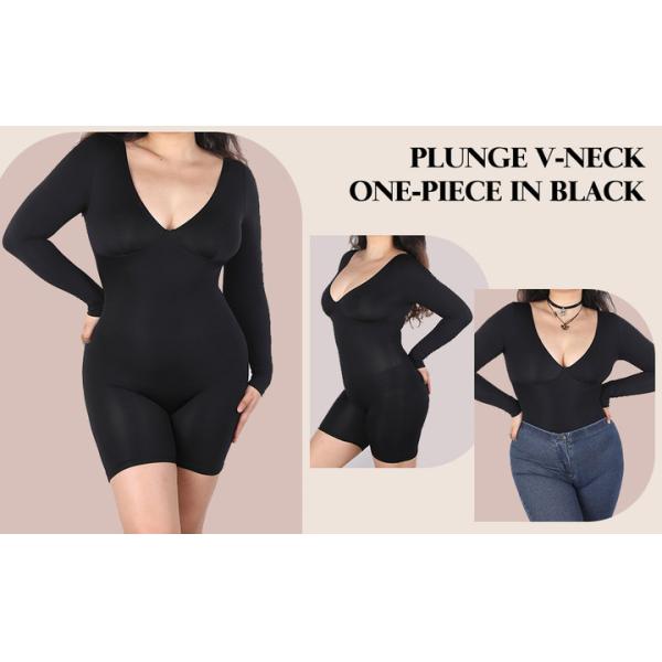 Women's V Neck One Piece Long Sleeve Tummy Control Fall Bodysuit for Fitness Shapewear