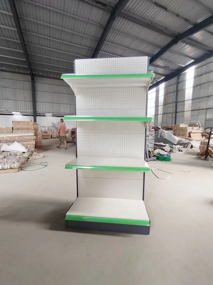 Factory Good Quality Shelving Supermarket Milk White Pharmacy Shelving Hole Back Mini Market Shelves