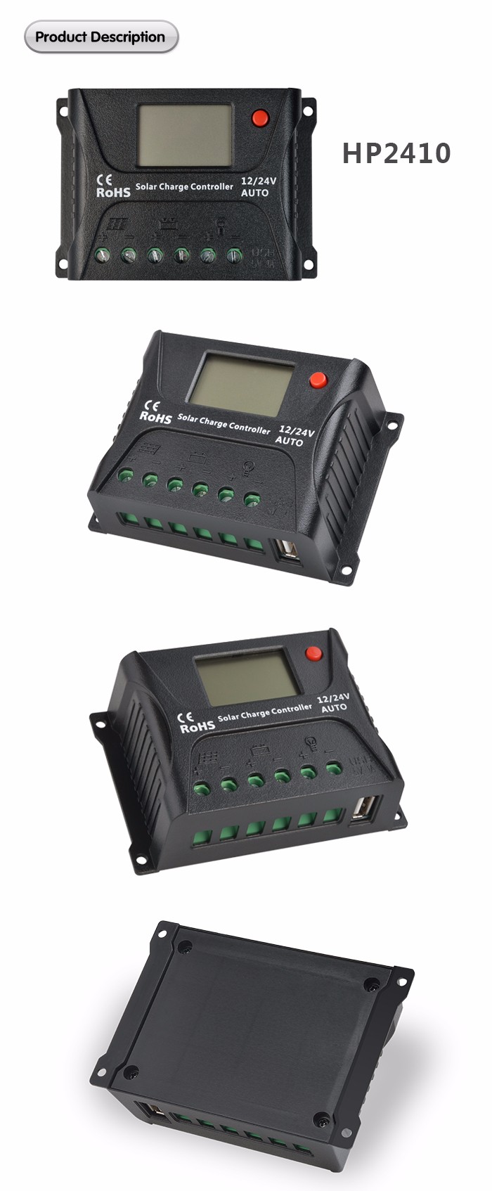 Off Grid SRNE Solar Charge Controller 10A 12V 24V ABS Shell Material