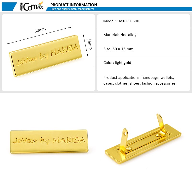 Eco Friendly Rectangle Metal Bag Label For Customized Handbags In Gold