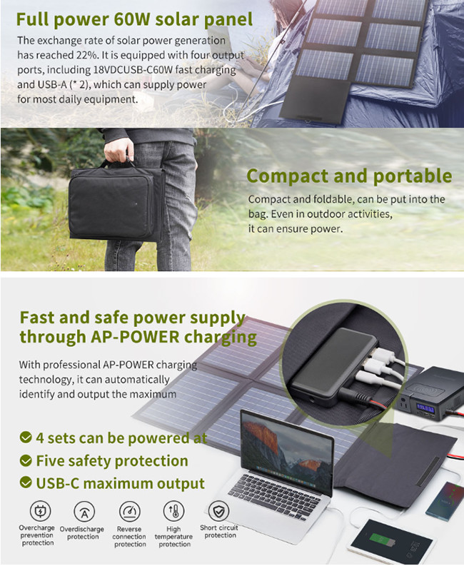 IP67 Waterproof Portable Solar Panel Foldable Charger 60W For Laptop Cellphone