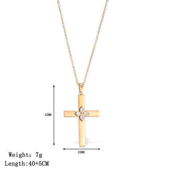 Stainless Steel Cross Pendant Necklace with Clear Zircon Stone Flower