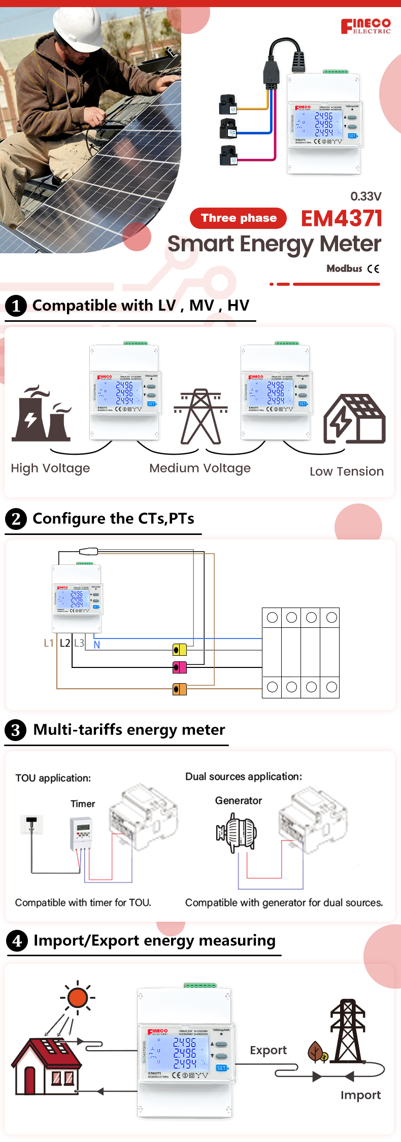 Rogowski Coil Multifunction Three Phase Energy Meter for Solar Generation EM4371 0.33V