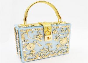 Light Blue Sparkly Glitter Acrylic Clutch With Gold Rhinestone And Handle