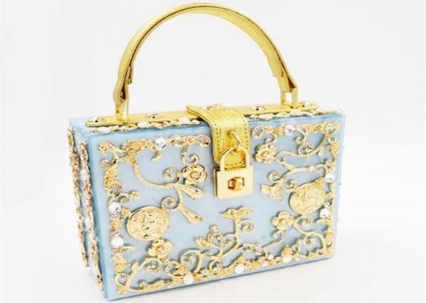Cheap Light Blue Sparkly Glitter Acrylic Clutch With Gold Rhinestone And Handle for sale