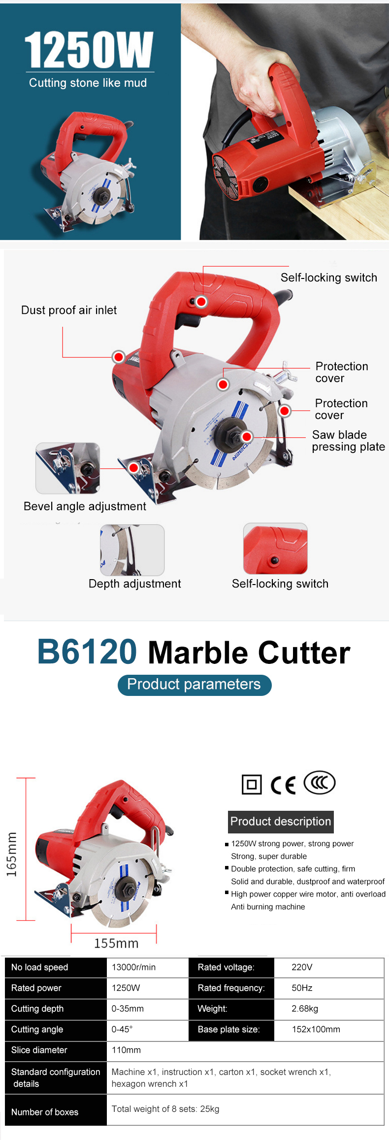 Factory direct AB6120T multifunctional marble machine ceramic tile cutting machine stone slotting machine power tools