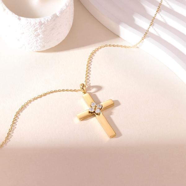 Stainless Steel Cross Pendant Necklace with Clear Zircon Stone Flower
