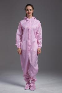 China Anti static ESD sterilized dust-proof pink hooded coverall with conductive fiber for class 100 cleanroom on sale