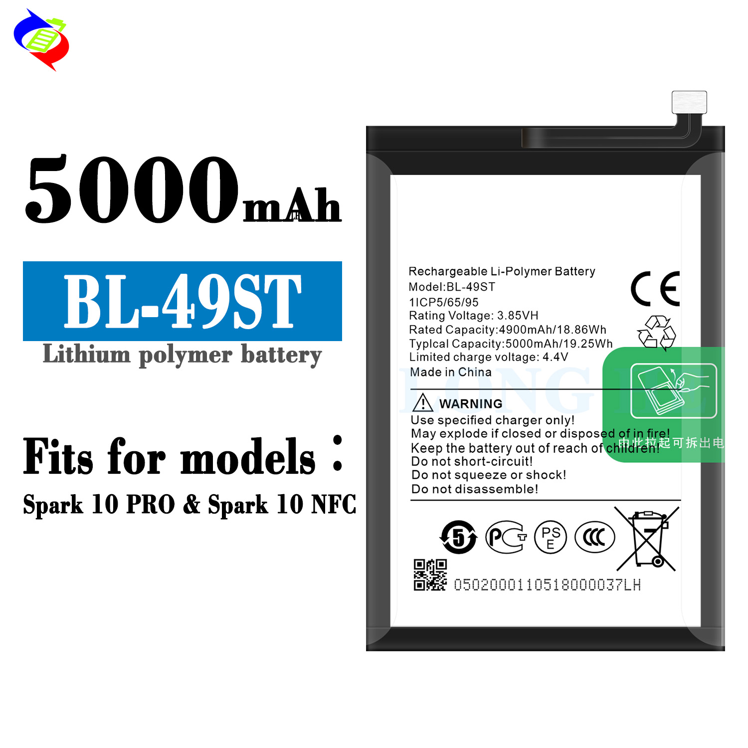 Spark 10 pro/Spark 10 NFC/SPARK 10 4G/KI5 BL-49ST Replacement Battery With 5000mAh Capacity