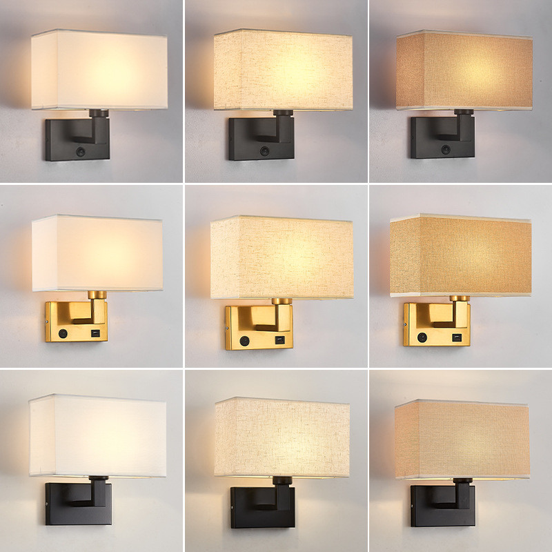Surface mounted hotel wall lamp bedroom indoor fabric shade bedroom bedhead wall light USB bedside wall light