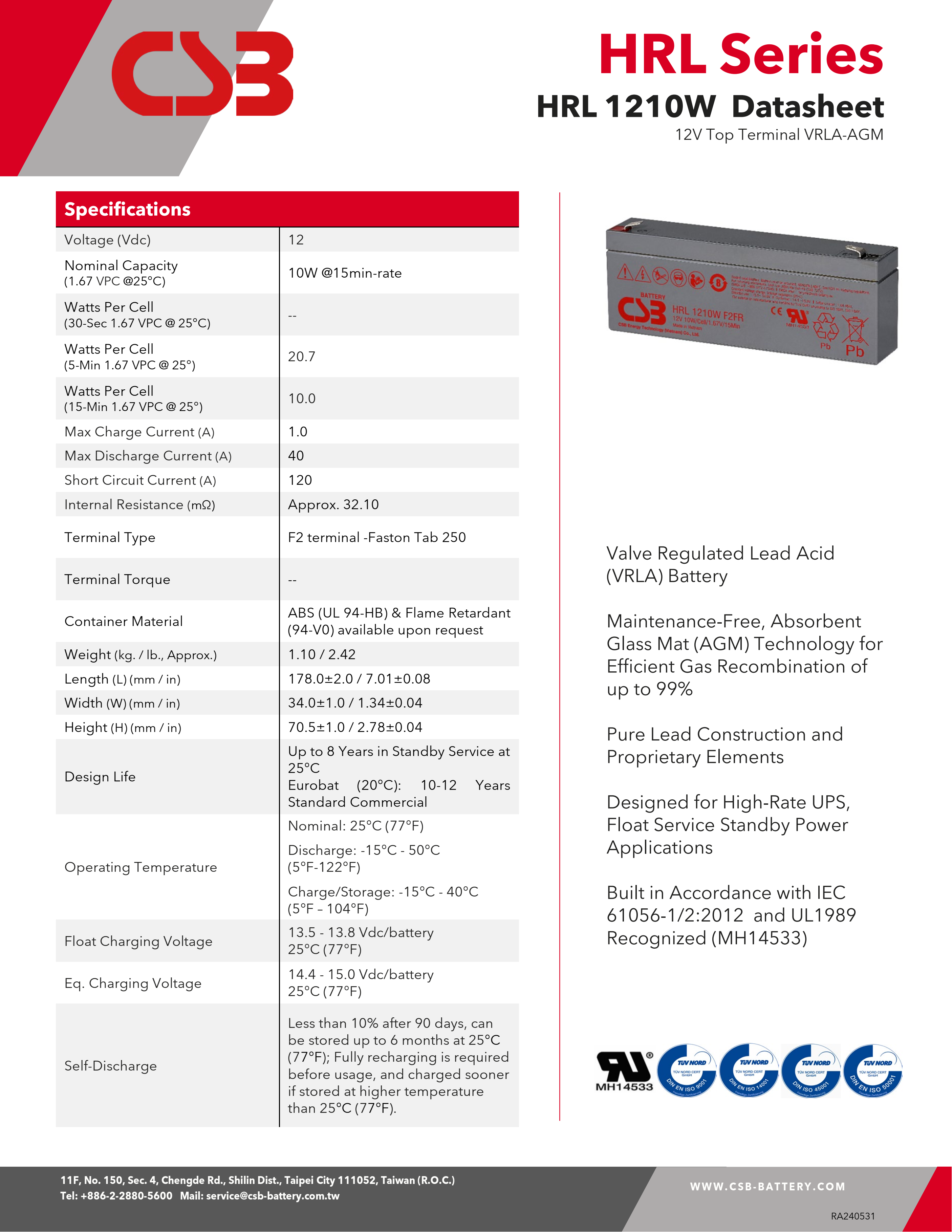 CSB HRL1210W Battery 12V 10W Sealed Lead Acid Battery High Rate Long Life Gel Battery