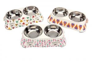 Melamine Double Puppy Feeding Bowl Stainless Steel Various Designs Printing Anti Skid