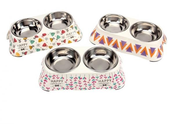 Cheap Melamine Double Puppy Feeding Bowl Stainless Steel Various Designs Printing Anti Skid for sale