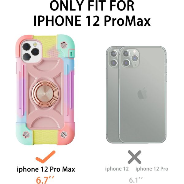 iPhone 12 Pro Max Case 6.7" - Heavy-Duty Shockproof, Ring Stand, Glass Screen & Camera Lens Protector (Rainbow Pink)