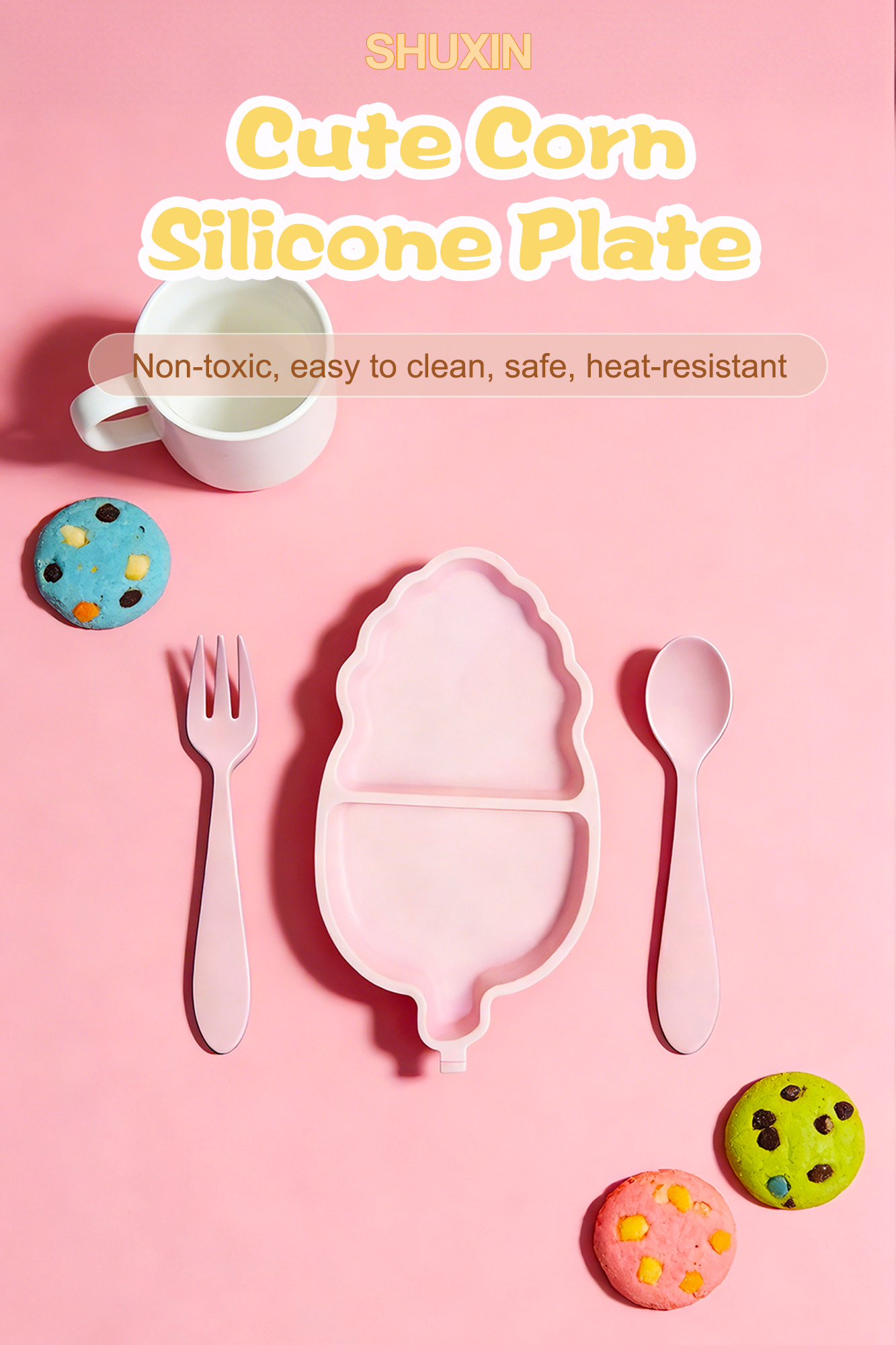 Modern Baby Tableware Set Pink Corn Silicone Plate Anti Spill Stain Resistant Lightweight Tableware Made Mainly for Kids