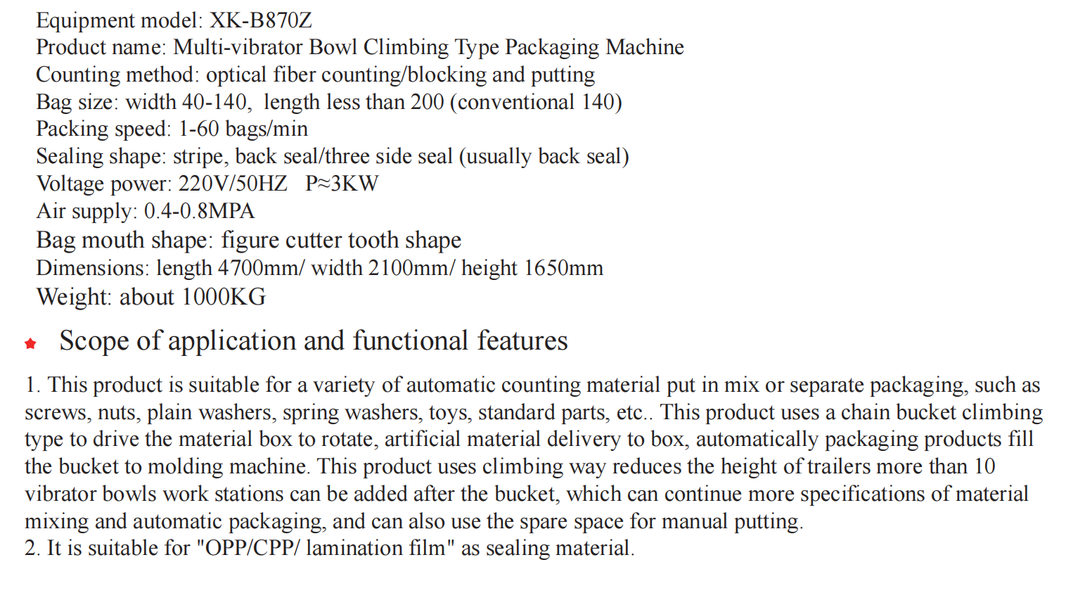 Direct Sale Automatic Equipment Small Sachets Furniture Parts Screw Accessories Packing Machine
