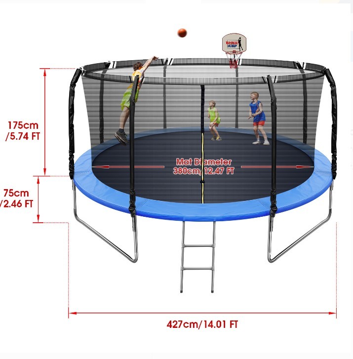 14 FT Trampoline with Basketball Hoop with Safety Enclosure Net