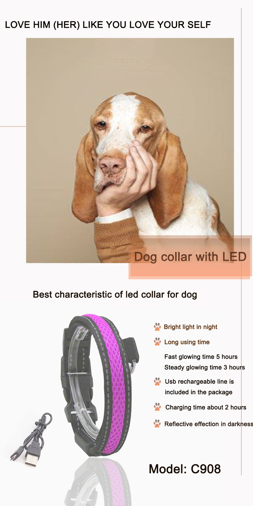 C908 Hot Sale Custom Nylon Waterproof Iluminous Usb Rechargeable Led Dog Collars