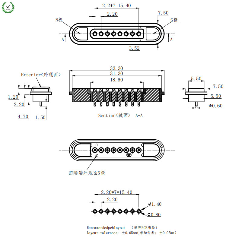 Rectangular 8Pin Magnetic Electrical Connector For Bbicycle Electronic Systems