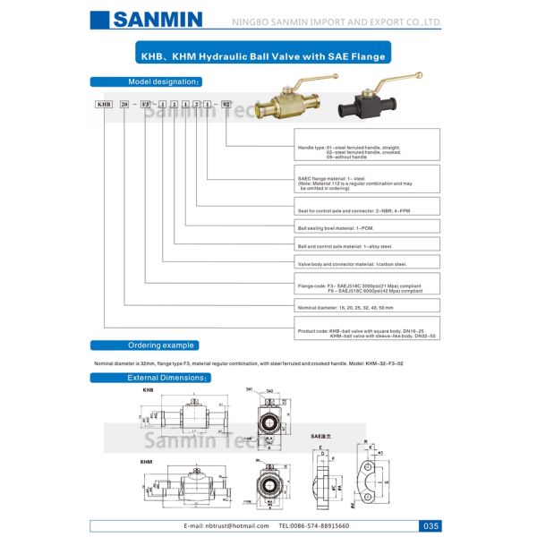 KHB KHM Shut Off Hydraulic Ball Valve Carbon Steel 16mm 20mm 25mm Diameter With SAE Flange