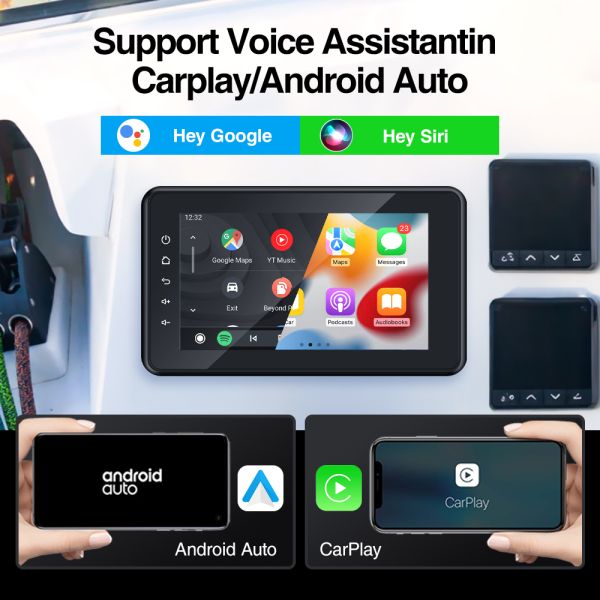 8 Inch Marine Boat Stereo Waterproof IP6X With Wireless CarPlay Android Auto For Marine Golf Cart Motorcycle