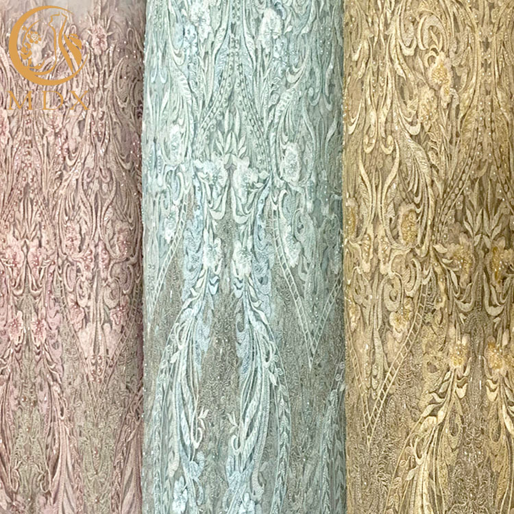 3D Wedding Dress Embroidery Fabric Beaded Lace Fancy Floral Pattern
