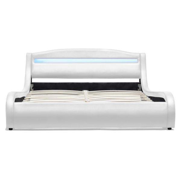 Double White LED Upholstered Bed Frame With Lights Small Leather Padded Sleigh Bed
