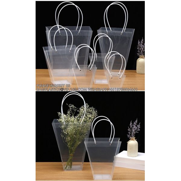 Customized Transparent Trapezoid PP Bag Plastic Clear Flower Packing Bag With Handle Floral Package Bags, Gift Pack