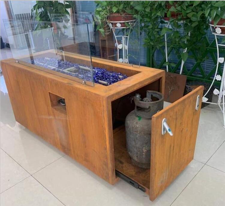 Rectangle Hidden LP Tank Corten Steel Gas Fire Pit Table For Backyard