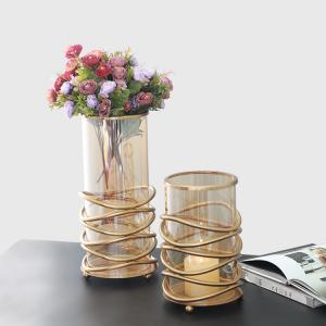 Quality Table wedding centerpieces decorative glass flower vase with metal holder base glass cylinder vase wholesale