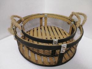 China 12.8 Inch Bamboo And Metal Food Storage Basket With Rope Handle Tray on sale