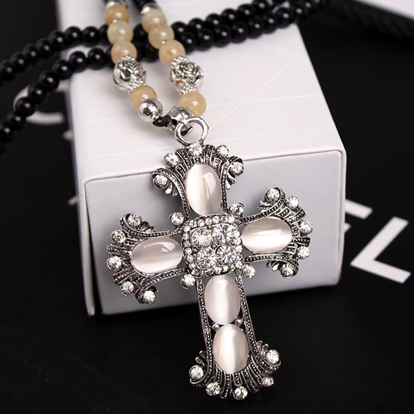 Factory jewelry Direct Sale popular new black bead opal cross necklace with long chain