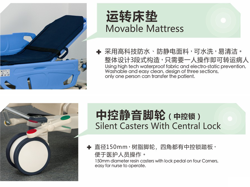 Emergency PatientTransfer CartRotating Side Rails Central Casters 150mm Patient Transfer Stretcher