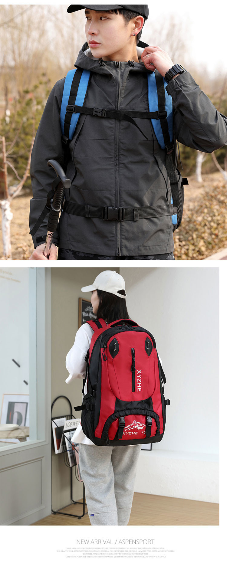 1.3 Inch 70L Camping Backpack Men Women Waterproof Backpack Bag Custom Logo