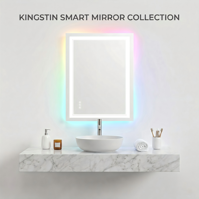 Kingstin Frameless LED Bathroom Mirror with RGB Backlight, Anti-Fog Wall Mounted Smart Vanity Mirror with Touch Control