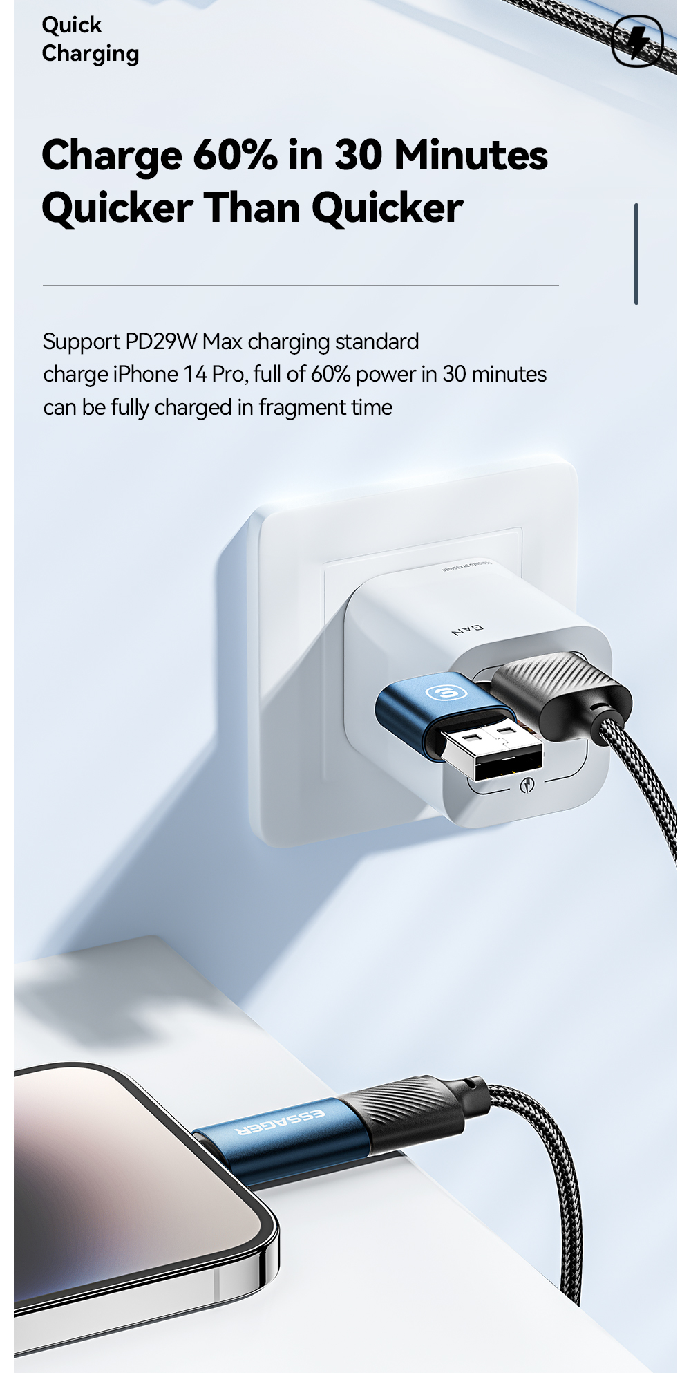 ESSAGER ES-X49 65W Usb to Type C Lightning 4 in 1 Charger Data Cable for Phone Laptop