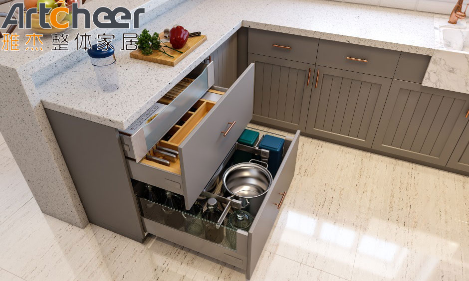 Cream Color Modern Kitchen Cabinets with Plywood Carcase and Solid Surface Countertop