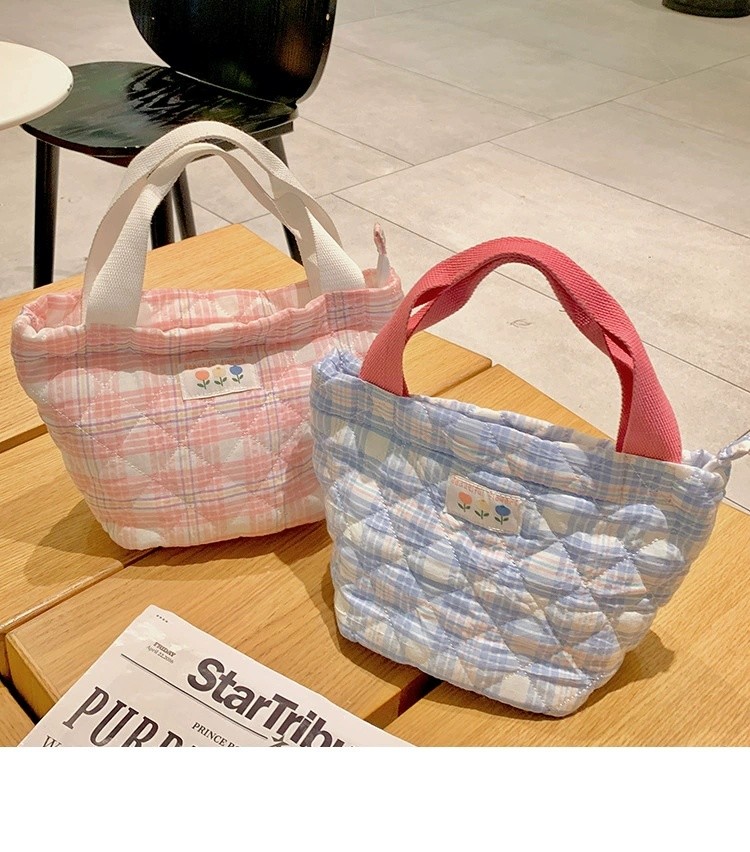 JK Style Insulated Lunch Bag Reusable Tartan Design Cooler Drawstring Picnic Bag