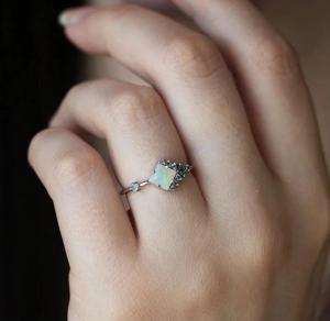 China Square CZ Rhodium Plated Natural Opal Ring 925 Sterling Silver Graceful Jewelry on sale