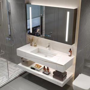 China Oem Bathroom Vanity Units Sintered Stone Countertop Basin Led Mirror Storage Cabinets on sale