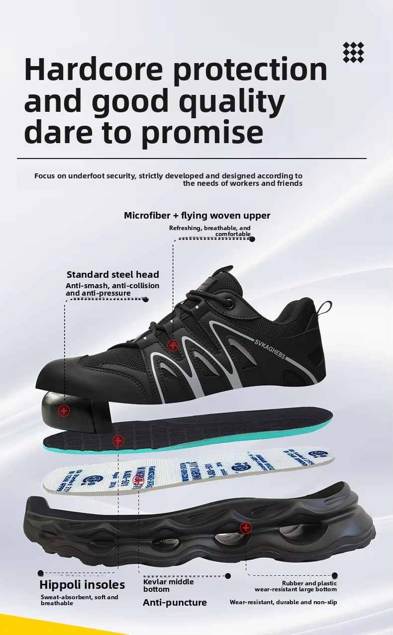 Breathable Microfiber Leather Mesh Safety Shoes With Kevlar Anti-stab Steel Toe And EVA Sole In Black