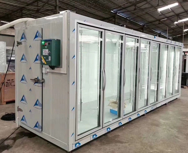Supermarket Glass Door Display Cold Room, Milk Beverage Vegetable Upright Refrigerator Walk In Cold Storage