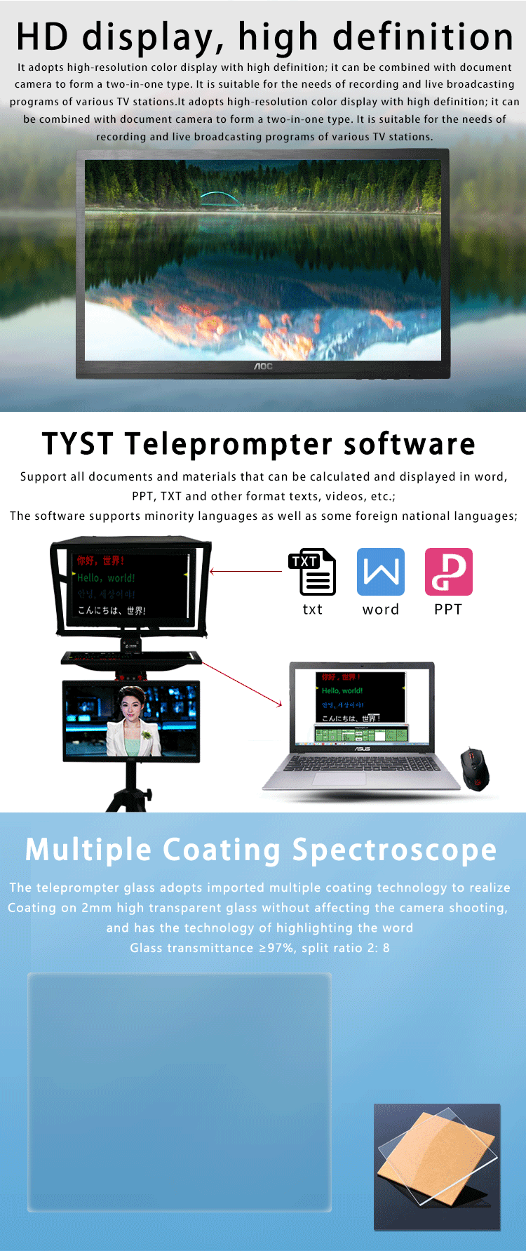 Teleprompting and Shooting Professional Studio Teleprompter with Self-check Mirror Screen