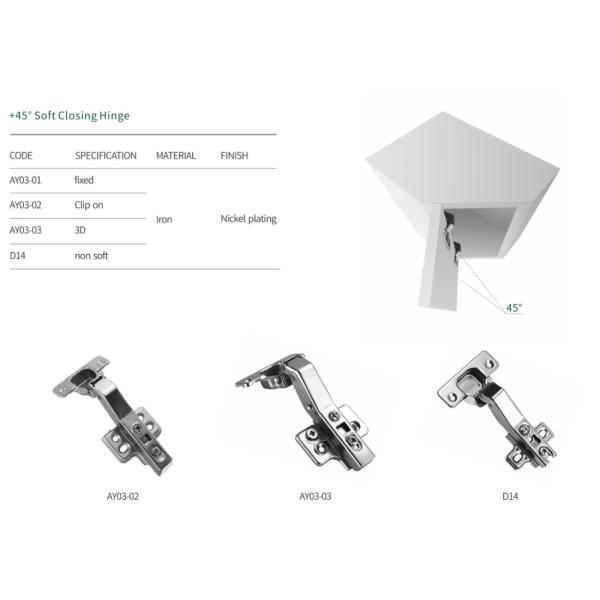 AY03 Multi Purpose Soft Closing Cupboard Hinges +45 Degrees