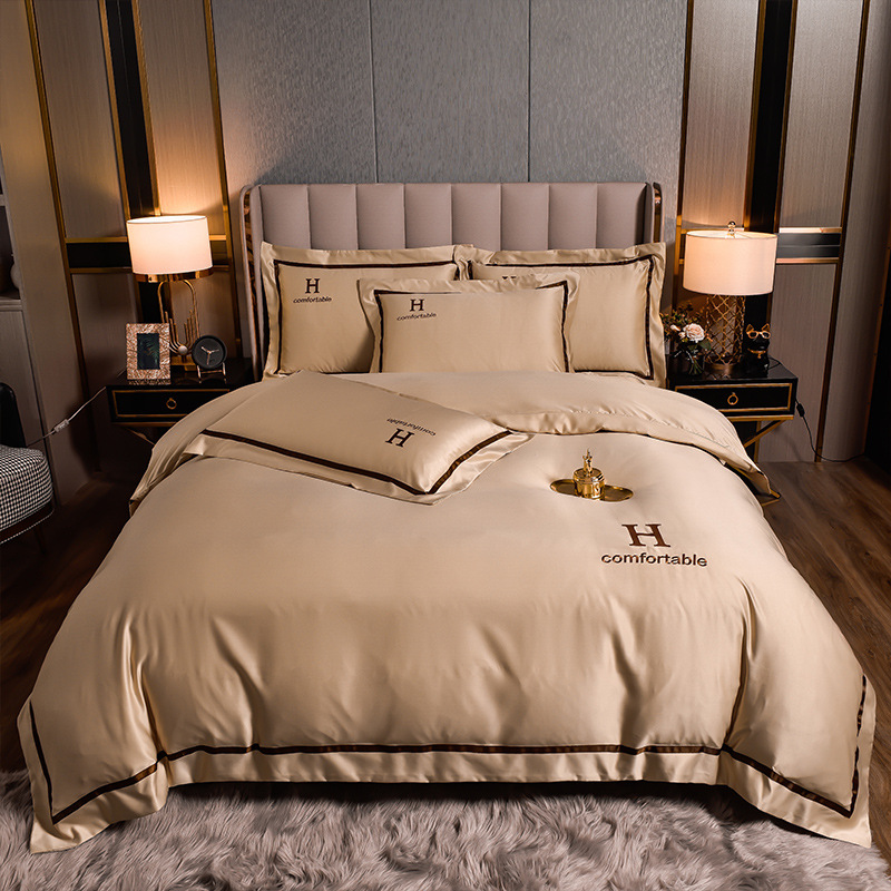 Modern Style Hotel Living Bedding Solid Color Embroidered Washing Silk Duvet Cover Set