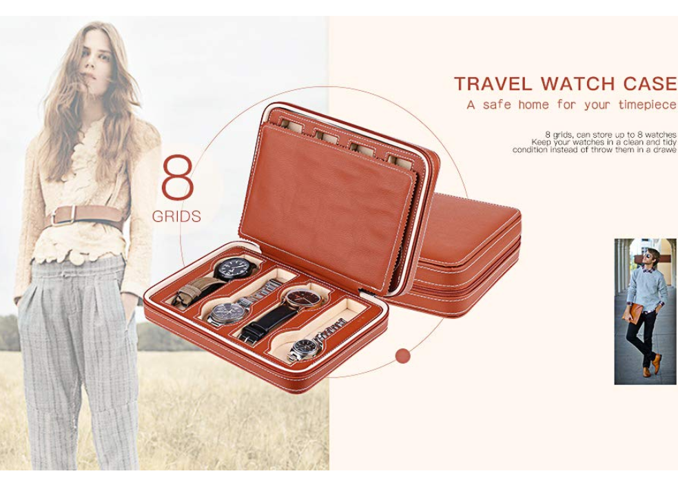 Portable 8 Grids Brown Leather Watch Case Box Customized Color For Men Women