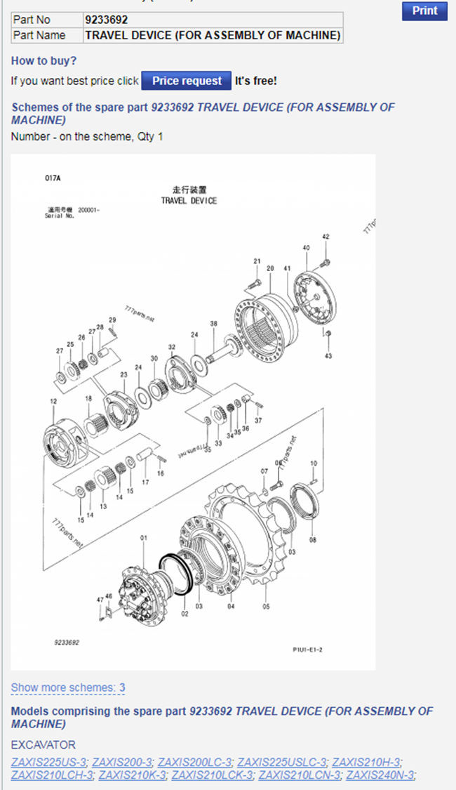 Hitachi 9233692 Travel Gearbox For ZAX225-3 ZAX210-3 ZAX200-3 ZAX200-5G ZAX210-5G