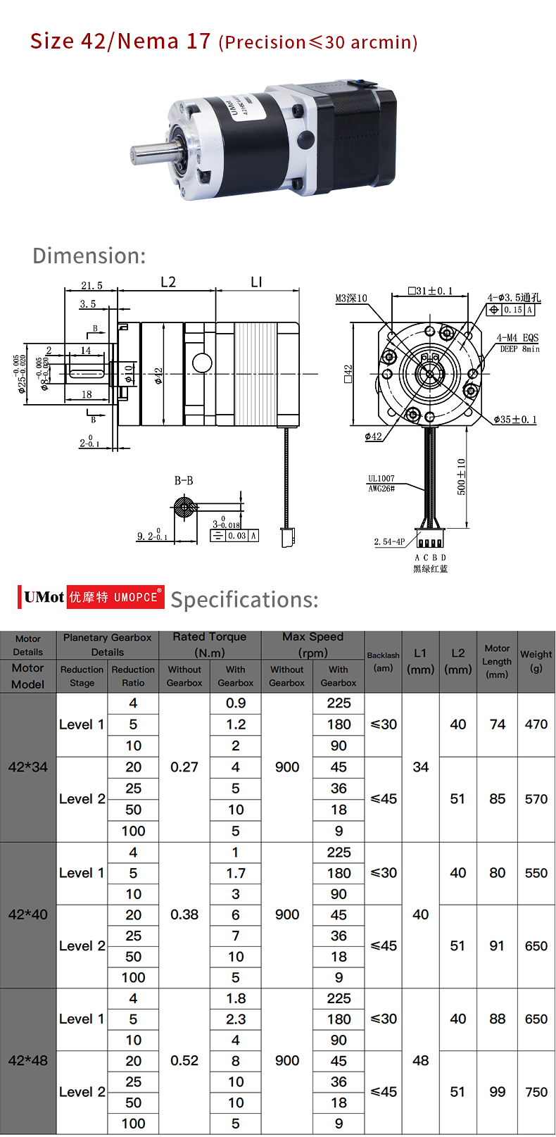 Umot 42mm Nema 17 Precision Planetary Gearbox with Hybrid Stepper Motor and Gear Reducer